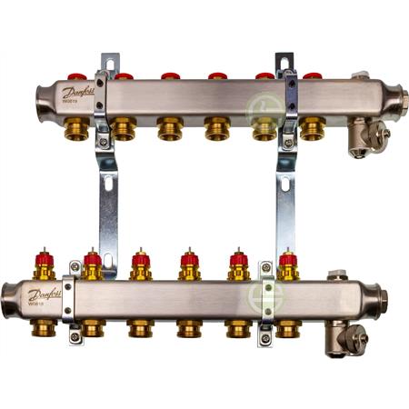 Коллектор Danfoss SSM на 6 контуров с кронштейнами, нержавеющая сталь 088U0976