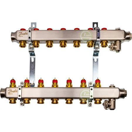 Коллектор Danfoss SSM на 7 контуров с кронштейнами, нержавеющая сталь 088U0977