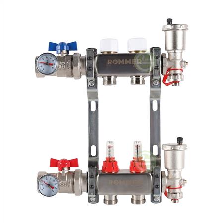 Коллектор Rommer RMS-1210 1"x3/4", 2 контура с расходомерами в сборе (нерж. сталь) RMS-1210-000002