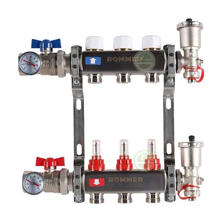 Коллектор Rommer RMS-1210 1"x3/4", 3 контура с расходомерами в сборе (нерж. сталь) RMS-1210-000003