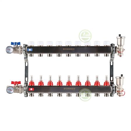 Коллектор Rommer RMS-1210 1"x3/4", 9 контуров с расходомерами в сборе (нерж. сталь) RMS-1210-000009