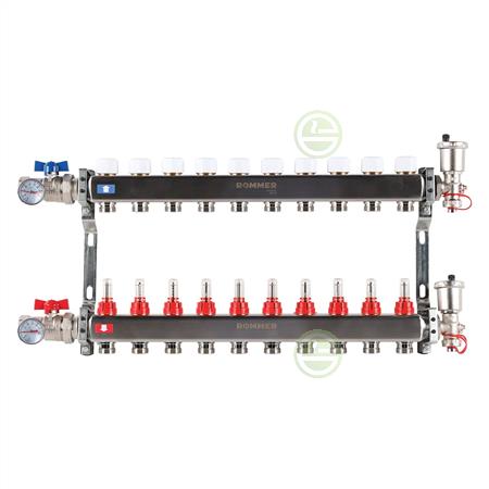 Коллектор Rommer RMS-1210 1"x3/4", 10 контуров с расходомерами в сборе (нерж. сталь) RMS-1210-000010