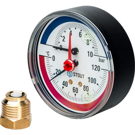 Термоманометр Stout SIM Ø80 мм 0-10 бар 0-120°C 1/2" аксиальный (SIM-0005-801015) с запорным клапаном SIM-0005-801015