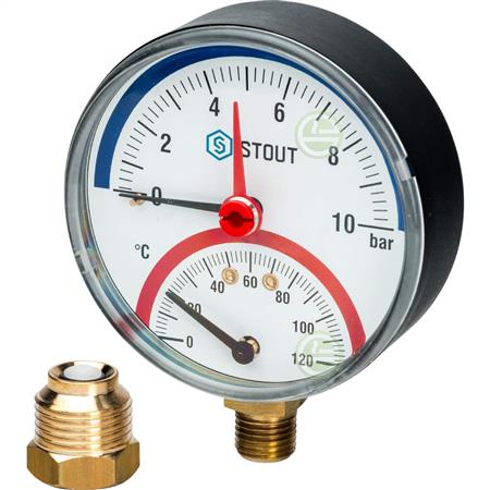 Термоманометр Stout SIM Ø80 мм 0-10 бар 0-120°C 1/2" радиальный (SIM-0006-801015) с запорным клапаном SIM-0006-801015