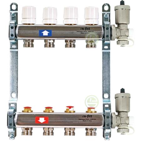 Коллектор с кранами Uni-Fitt 451A на 4 контура, c автоматическим воздухоотводчиком 451A4304